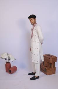 Kurta นักออกแบบผ้าแจ็คการ์ดสีขาวสำหรับงานแต่งงาน - Product Image 4