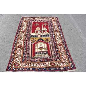 Vintage Turkish <b>Wool</b> Rug 4.1x6.1 ft (125x185 Cm) Eco-Friendly Medium Pile <b>Red</b> Ombr Patchwork Design with Latex Backing - Product Image 1