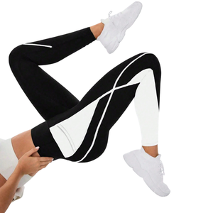 Womens High Waist Knitted Color Block Logo Yoga <b>Leggings</b> Side Pockets Stretch Fitness Running Ankle Length Workout Training - Product Image 5