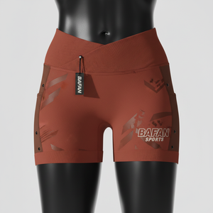 Shorts de mujer de algodón premium con elastano, color granate, con pedrería dorada y logotipo personalizado por transferencia térmica. - Product Image 1