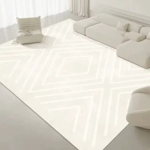 Alfombra de área abstracta blanca de algodón hecha a mano, diseño de corte en bucle de pila baja con mechones lavable para mascotas para decoración para sala de estar 1 - Product Image 1