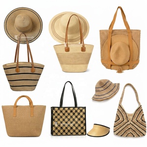 Ensemble chapeau et sac à main en paille naturelle faits à la main, chapeau de plage à large bord pour femme, accessoires d'été durables du Vietnam - Product Image 1