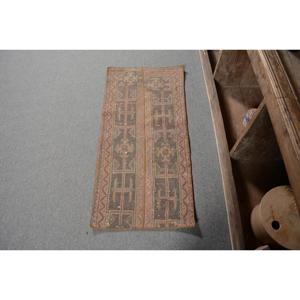 Vintage <b>Brown</b> Ikat <b>Wool</b> Turkish Rug 1.6x3.5 ft Small Patchwork Design with Latex Backing Eco-Friendly Traditional Rug - Product Image 1