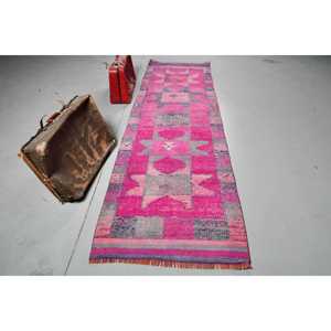 พรมตุรกีขนาด 2.9x10.2 ฟุต, พรมเฮอร์กี, พรมลายตารางสีชมพู ทำจากขนสัตว์ - Product Image 1