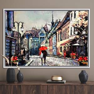 Impression sur toile « Amoureux romantiques sous un parapluie rouge » - Art mural paysage urbain, 1P : encadré blanc - Product Image 1