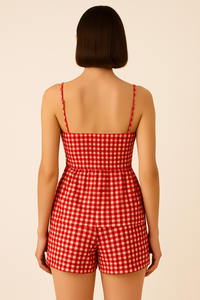 แฟชั่นลำลองของผู้หญิงชุดเสื้อผ้าสองชิ้นสำหรับฤดูร้อนเสื้อคอตตอนสีแดงและสีขาวพร้อมกางเกงขาสั้นหวานชุดรัดเอวยางยืด - Product Image 3