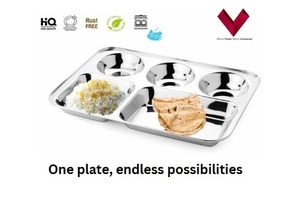 Plateau à repas en acier inoxydable à 5 compartiments avec bords arrondis, plateau rectangulaire en acier Thali pour le déjeuner et le dîner, Bhojan Thali - Product Image 2