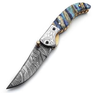 Couteau utilitaire à lame pliante en acier de Damas, manche en résine, étui de transport vertical, poche EDC, chasse, camping, pointe de chute, support ODM - Product Image 1