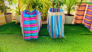 ถุงช้อปปิ้งผ้าไนลอนแบบใช้ซ้ำได้เป็นมิตรกับสิ่งแวดล้อมกระเป๋าชายหาดพลาสติกรีไซเคิลลายทางแบบมีซิป - Product Image 2