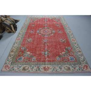 Classique Rouge Beige Vintage Tapis Turc 5.9X9.9 ft Grande Surface Plat Armure Patchwork Conception Salon Décoration Laine Latex - Product Image 1
