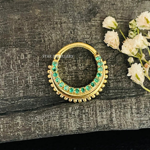 14K Or Massif Vert CZ Diamant Septum Nez Anneau Fine Jewelry. - Product Image 5
