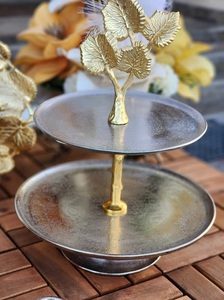 Moderno Pedestal Redondo de Aluminio para Pastel con Asa de Palmera Dorada, Bandeja para Servir y Soporte para Caja de Servilletas para Cupcakes y Golosinas - Product Image 5
