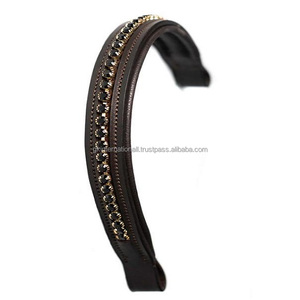 Bande de front de cheval en cuir rembourrée à canal vide de forme droite avec des cristaux ronds dorés et noirs - Product Image 1