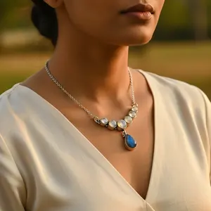 สร้อยคอเงินแท้ 925 ประดับคริสตัลมูนสโตนและพลอยสีน้ำเงินสำหรับผู้หญิง - Product Image 2