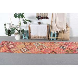Vintage Kilim <b>Runner</b> Rug 2.3x10.1 ft (70x309 cm), Turkish <b>Red</b> Check Wool Rug - Product Image 3