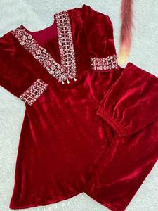 Plain & Classy Look V Neck Color rojo AFGHAN Special Dubai Party Wear Mujeres Casual Pakistani Vestidos Listo para comprar - Product Image 5