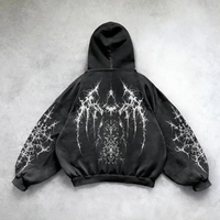 Hoodie Baggy Mewah Ukuran Besar untuk Pria 2025, Desain Bordir Hitam, Efek Acid Wash, Distressed, Bahan Fleece Katun 100% Tebal