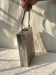 Vertical <b>Silver</b> Metal Box Handbag with Arched Handle Engraved Surface Luxury Womens Evening Wedding Carry <b>Purse</b> Export gift her - Product Image 2