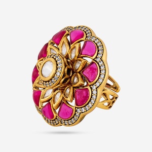 Kundan Fashionable Adjustable Copper Finger <b>Ring</b> 189200 with Princess Cut Diamond Gold Plated Free <b>Size</b> for Party Occasions - Product Image 1