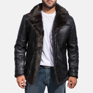 Erkek shearling deri ceket bombacı uçan pilot kuzu yün ceket yaka motosiklet ceket men'sleather