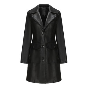 Chaqueta de cuero larga negra para mujer, chaqueta cortavientos de PU de manga larga para primavera y otoño, gabardina de cuero para mujer - Product Image 3
