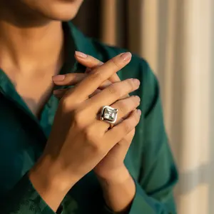 Bague tendance en argent plaqué or rose avec aquamarine carrée pour femmes, style vintage - Product Image 3