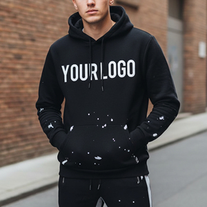 Sudadera con capucha negra para hombre con estampado de letras blancas y diseño de salpicaduras, corte regular informal para otoño - Product Image 2
