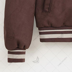 Blouson aviateur en daim de style universitaire marron classique avec bordure côtelée rayée et fermeture à boutons pour hommes et femmes vêtements d'extérieur décontractés - Product Image 6
