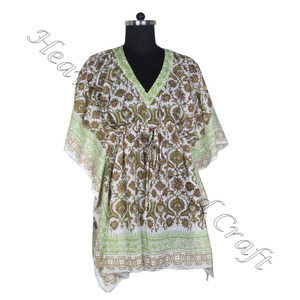 100% algodón Mujer ropa de dormir bloque de mano estampado Kaftan vestido KFCS094 peso ligero mujeres Casual ocasión desgaste corto caftán vestido - Product Image 1