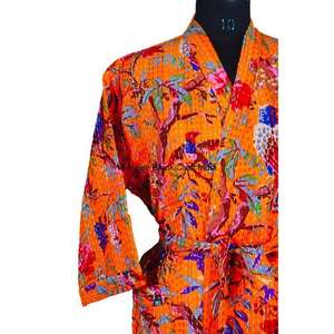 Robe kimono longue en coton 100% pur, tricotée, matelassée, faite à la main, confortable pour l'hiver/le printemps/l'automne, motif écologique pour filles - Product Image 5