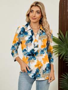 Chemisier Premium pour Femme à Col et Encolure en V, Manches 3/4, en Polaire Spandex/Coton, Écologique, Élégant, Coupe Ample, Idéal pour le Bureau et les Tenues Décontractées Professionnelles - Product Image 5