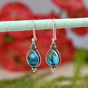 Pendientes de turquesa de cobre azul, Pendientes colgantes de plata esterlina, joyería de piedras preciosas bohemias, regalo para ella, pendientes para mamá - Product Image 4