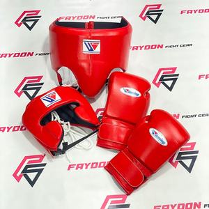 Ensemble de protection d'entraînement de boxe en cuir de vache véritable rouge, le plus vendu : Gants de boxe, protège-tête et protège-guêtres pour le sparring - Product Image 1