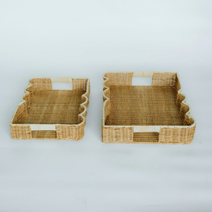 Elegant Scalloped Rattan Rectangular Trays Decorative Wicker <b>Basket</b> Set For Coffee Table Kitchen Tabletop Decor - Product Image 1