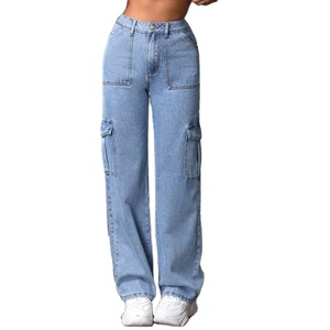 Women's High Rise Light Blue <b>Denim</b> Cargo <b>Stretch</b> Jeans 6-Pocket Clean Look Solid Eco-Friendly Durable Fabric Plating Modern Wide - Product Image 2