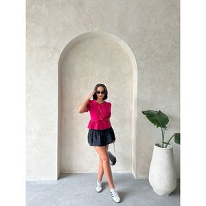 Blusa de Popelina con Lazo Delantero Color Fucsia para Mujer, Marca Topshow, Elegante Blusa Casual de Manga Larga de Algodón y Poliéster para Venta al Por Mayor - Product Image 2