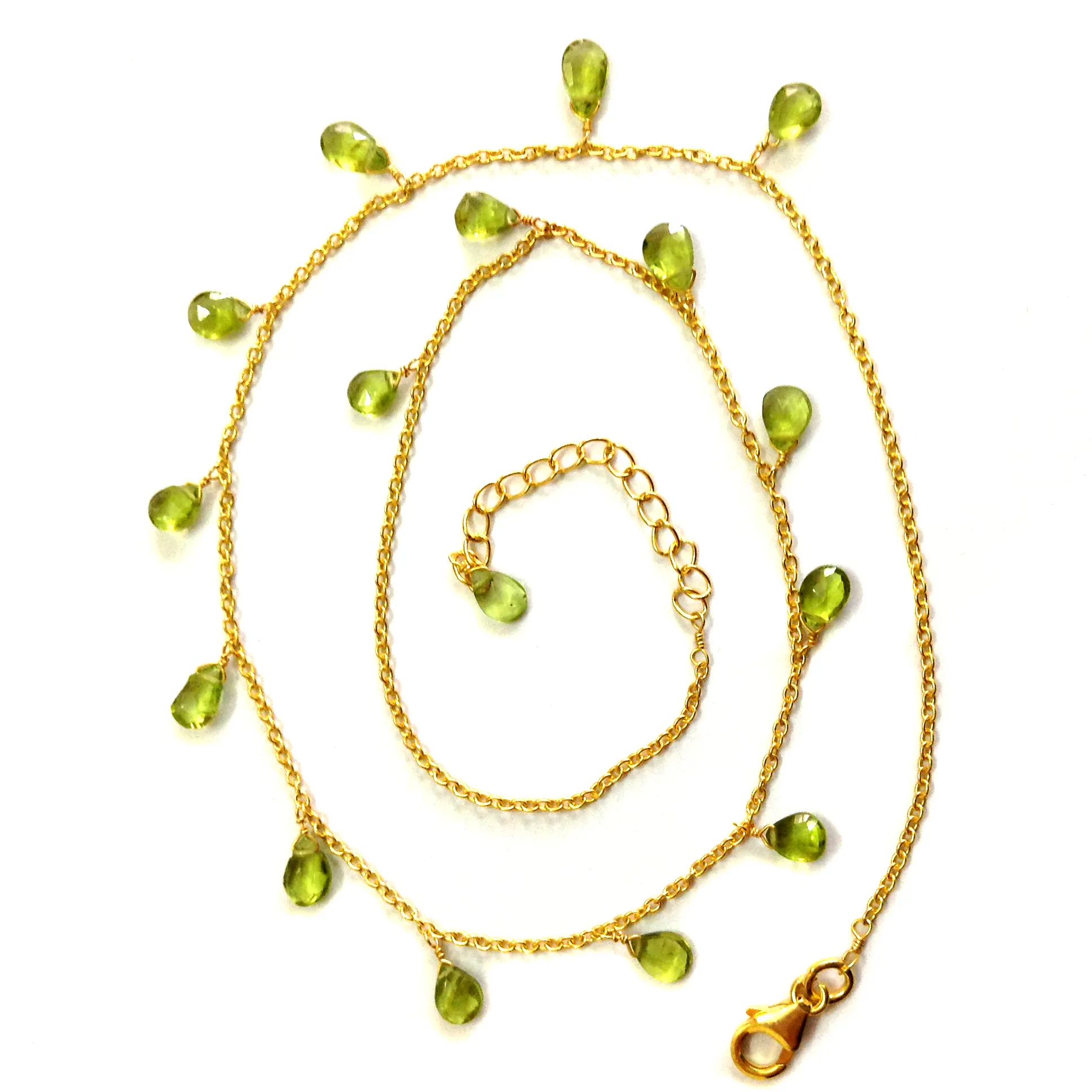 Collar de plata de ley 925 con gemas de peridoto para mujer, cadena de eslabones, ajustable, chapado en oro, hecho a mano