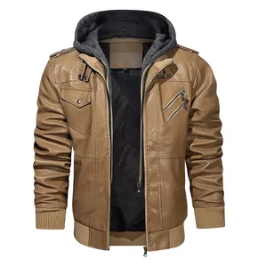 Blouson à capuche en cuir véritable pour homme, épais, à la mode, vente en gros - Product Image 1