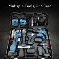 Ensemble d'outils multifonctions sans fil 5-en-1 en acier inoxydable, alimenté par batterie, avec perceuse-visseuse, clé à chocs, meuleuse, scie et mallette de rangement pour le bricolage