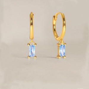 Aquamarine thạch anh dangle Hoop Bông Tai-925 Sterling Bạc Baguette hình dạng đá quý bông tai, mặt Birthstone phụ nữ đồ trang sức - Product Image 1