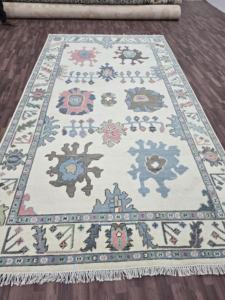 Blanc Vert-5x8 pieds Oushak Vintage Tapis en Laine Noué à la Main avec Motif Abstrait Taille Personnalisable pour Salon Salle à Manger - Product Image 3