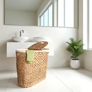 ISLA Wholesale Eco Friendly Handwoven Water Hyacinth <b>Laundry</b> <b>Hamper</b> Butterfly Weave <b>with</b> Double <b>Lids</b> and Two Removable Liners - Product Image 1