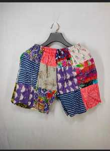 Pantalones cortos holgados de retazos de algodón 100%, patrón caliente, cintura alta, cierre de cordón, pantalón asimétrico transpirable, bordado de estilo - Product Image 2