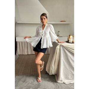 Chemise en lin pour femme avec nœud devant et détail volanté, chemise blanche - Product Image 3