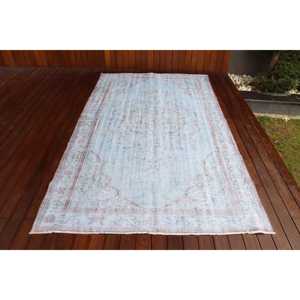 Alfombra Turca, Alfombra Vintage Grande de 5x8.6 pies, Alfombra de Lana con Rayas Azules - Product Image 1