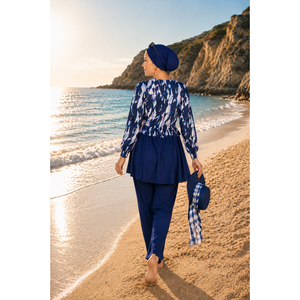 Conjunto de Traje de Baño de Tres Piezas para Mujer, Top Estampado Negro y Morado, Cintura con Volantes, Detalle de Cremallera, Pantalones Elásticos Estilo Burkini, Varias Tallas - Product Image 5