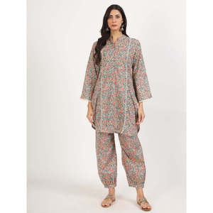 Divena été imprimé fleuri coton co-ord ensemble 2 pièces moderne et luxueux Blazer et haut au-dessus du genou longueur XL taille - Product Image 2