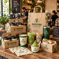 AT PACK Fournitures personnalisées pour la boutique de matcha avec gobelets en papier personnalisés, sacs à emporter, porte-boissons, boîtes d'emballage et accessoires de café