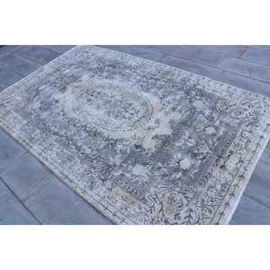 Tapis en laine patchwork gris vintage, avec support en latex écologique, 5,2 x 8,6 pieds - Product Image 2