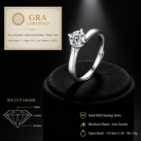 Bague de fiançailles minimaliste en argent sterling S925 pour femme, ajustable, à 4 griffes, avec moissanite 1 carat D VVS 3EX